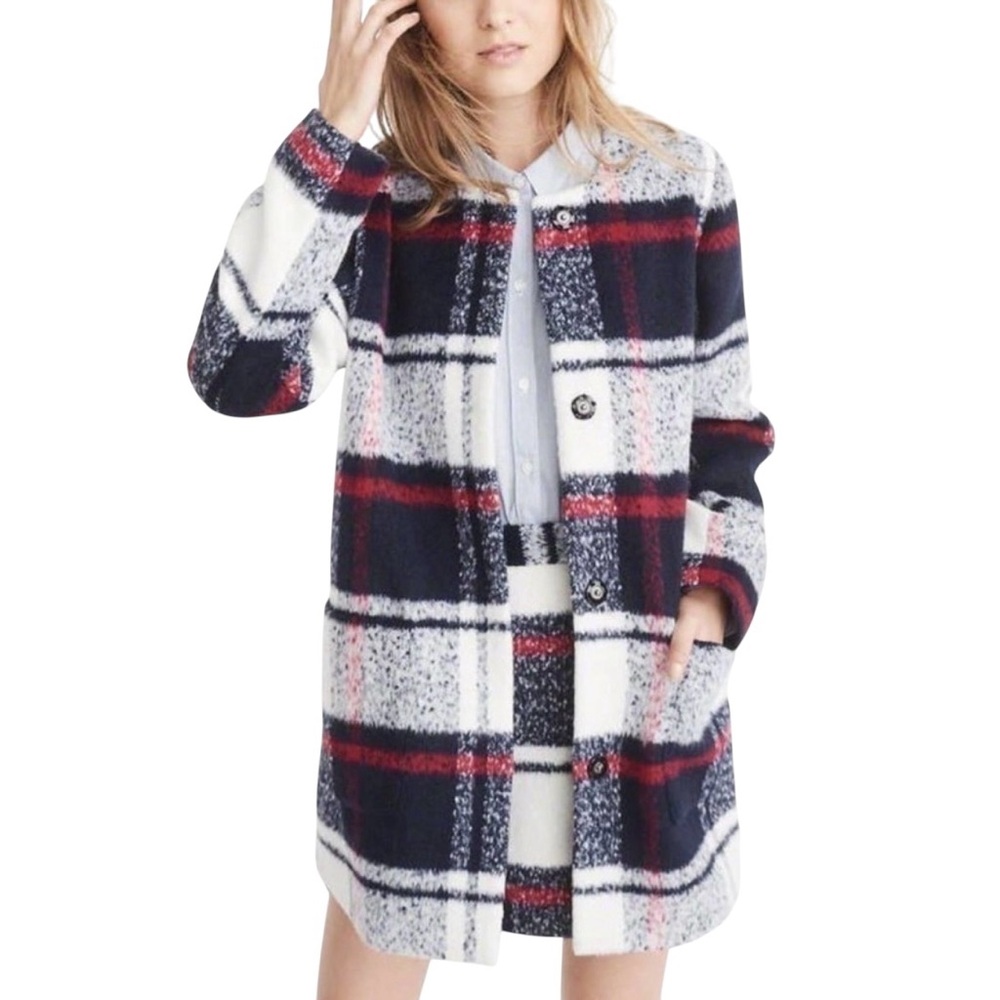 Abercrombie & Fitch Wool Plaid Collarless Windowpane Blue Red Overcoat Jacket XL